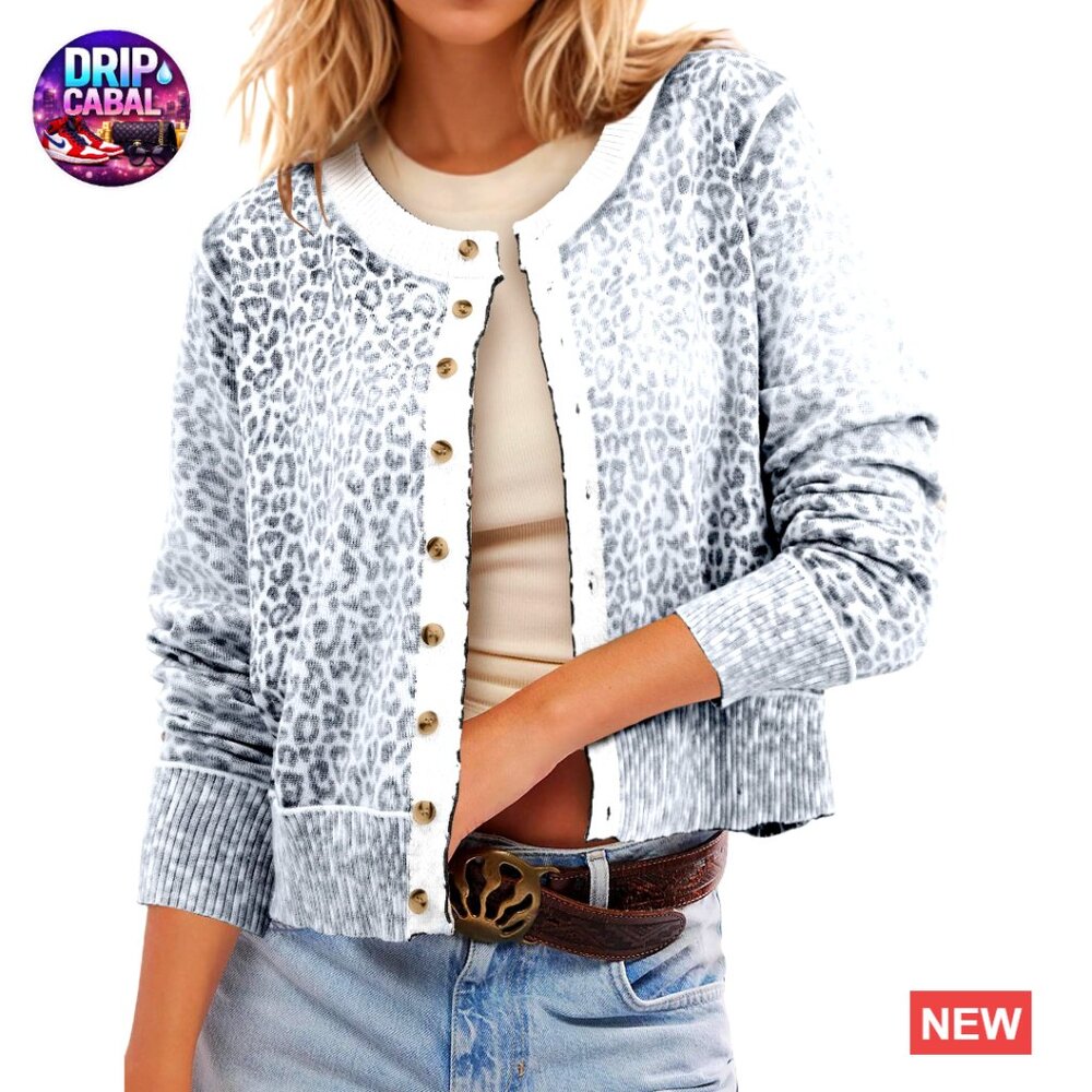 Leopard Print Cropped Cardigan Button Up Lightweight Sweater Long Sleeve